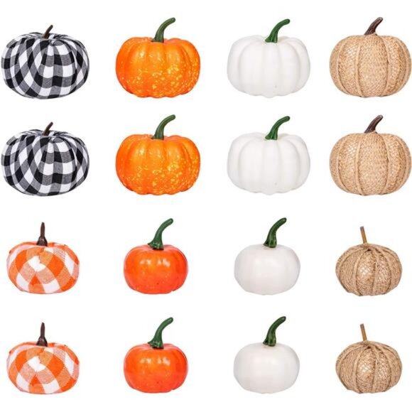 16 PCS Fall Decor Assorted Sizes Artificial Pumpkins Burlap Faux Foam Pumpkin - Picture 4 of 7